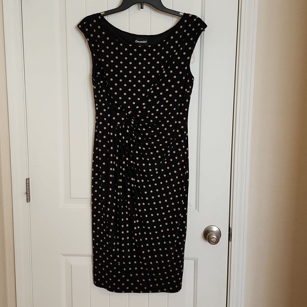 Connected Apparel Polkadot Dress in black and tan polkadots.